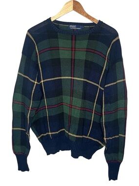 Vintage Polo Ralph Lauren Green Blue Tartan Plaid Crewneck Sweater Size Large